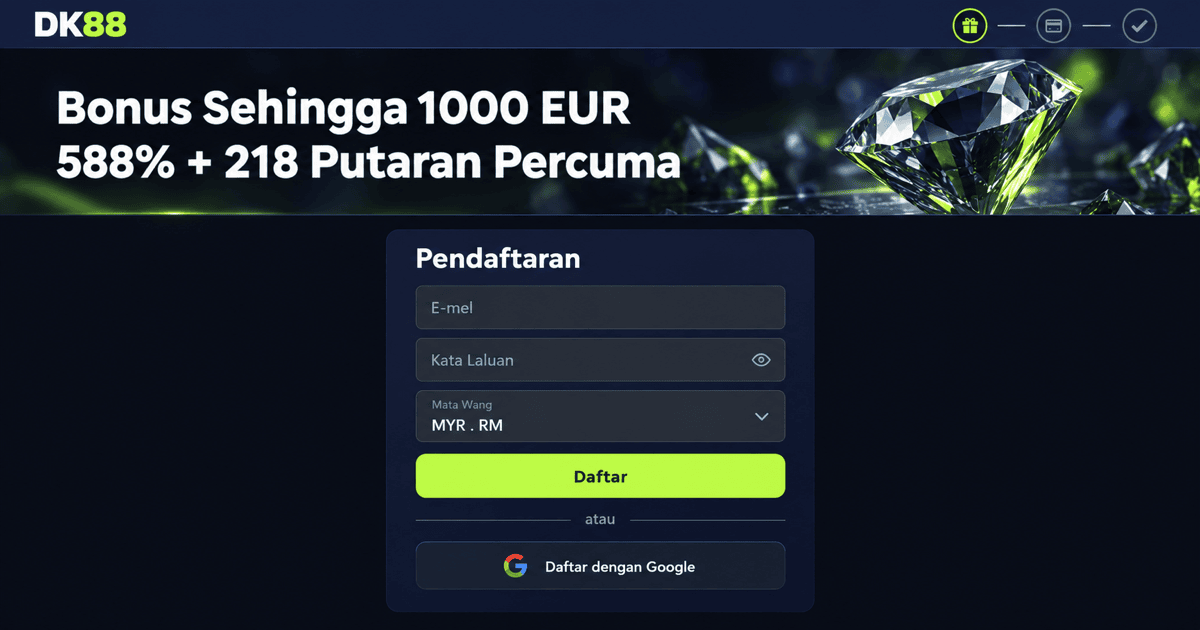 Borang pendaftaran DK88 Malaysia dengan awalan telefon +60 dan mata wang MYR
