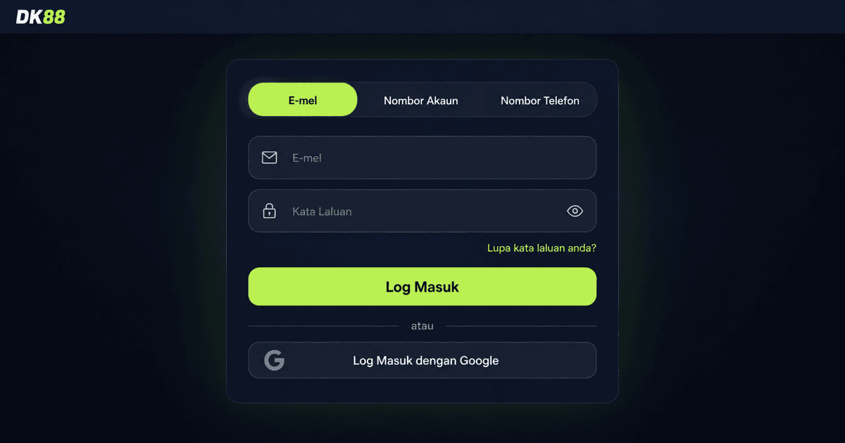 Borang log masuk DK88 Malaysia dengan medan nama pengguna dan kata laluan